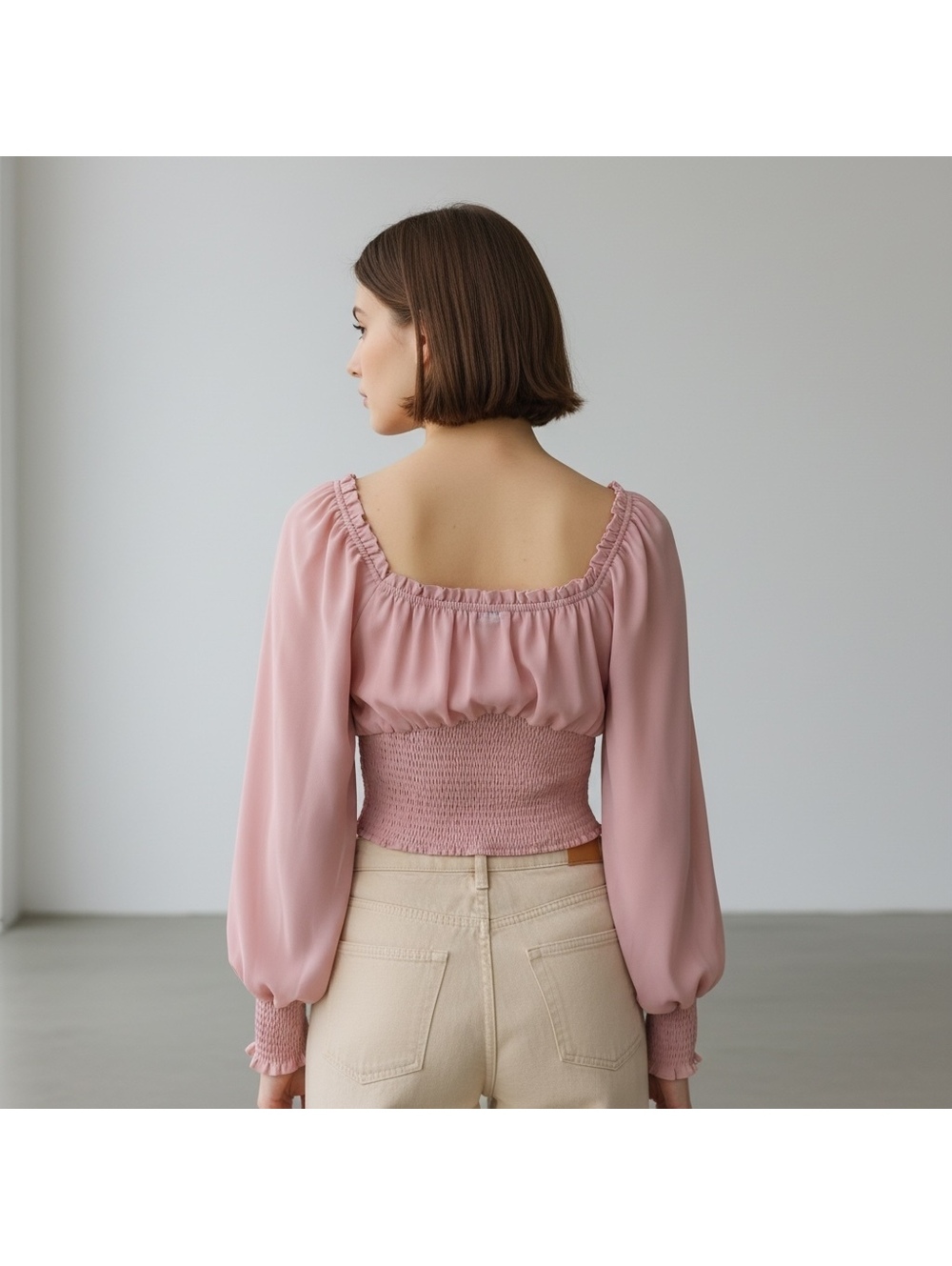 NWT 1.State Long Sleeve Elastic Neckline Smocked Waist Top, Blush, XL